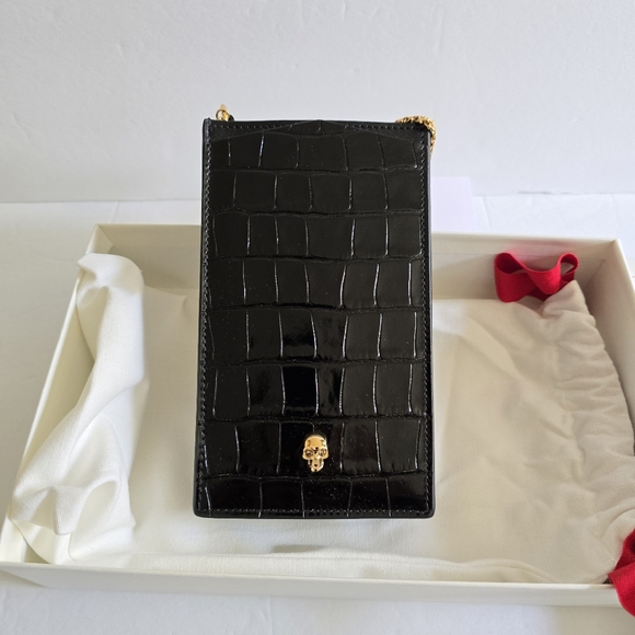 Alexander McQueen Handbags - Alexander McQueen Skull Croc-Embossed Leather Phone-Case-On-Chain Black